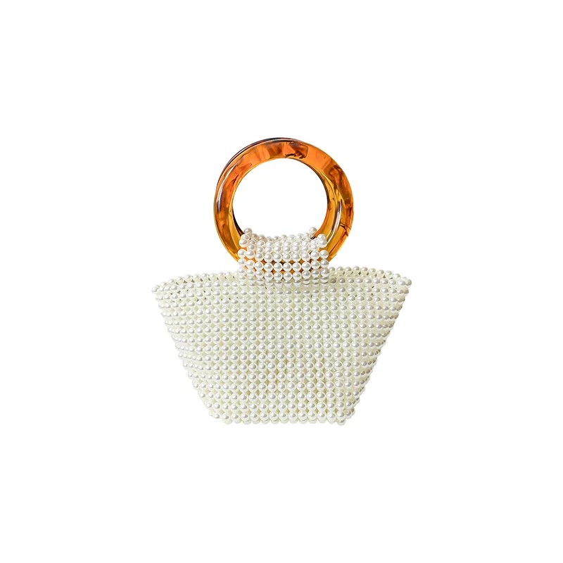 حقيبة يد من الخيزران ذات حلقة مزدوجة مصنوعة يدويًا من نسيج اللؤلؤ المقلد وحقيبة حفلات العشاء