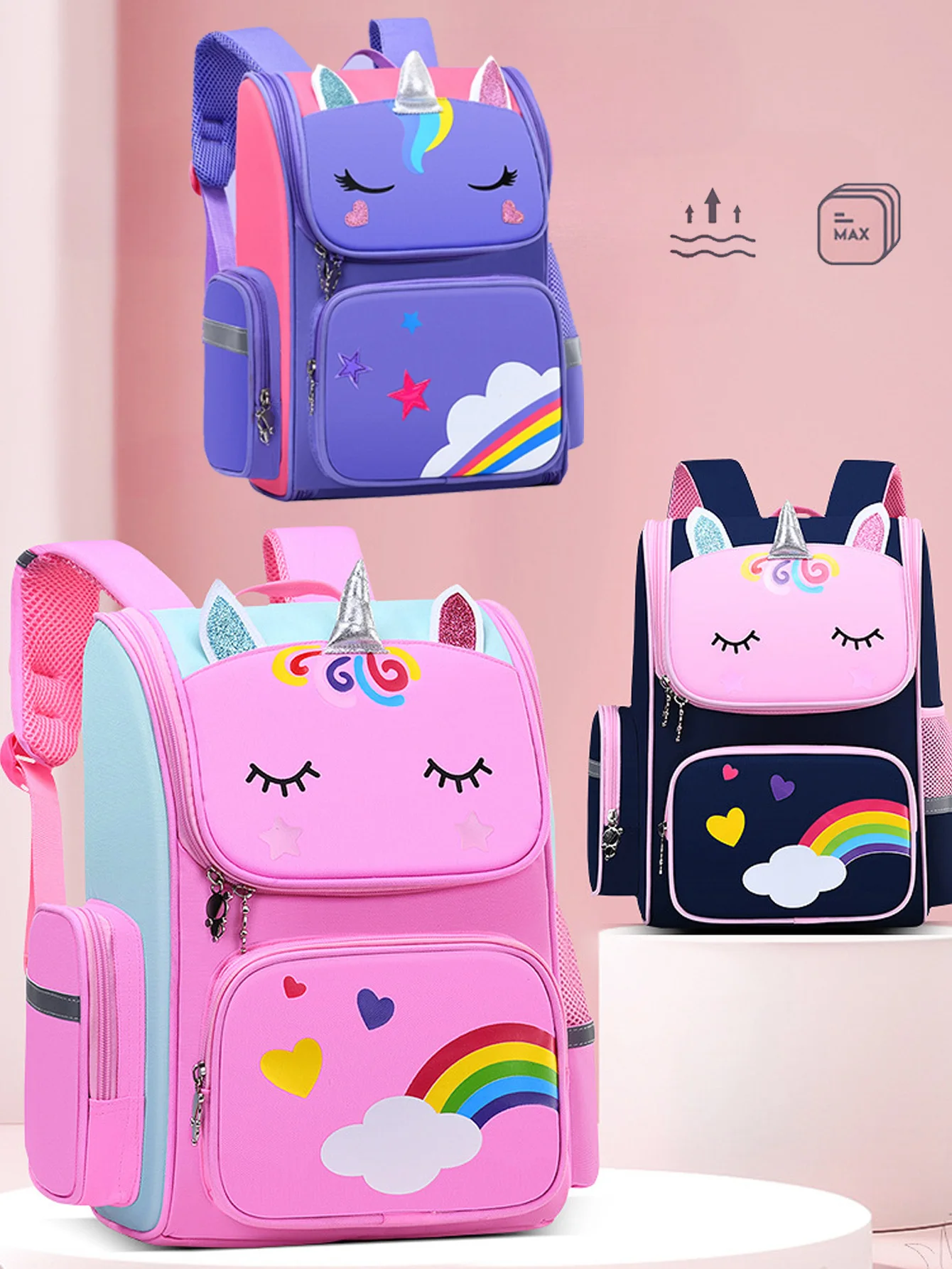 1pc Children's Waterproof Backpack Lightweight Load-Bearing School Backpack 1-3-6 Grade Spinal Protection with Reflective Strips