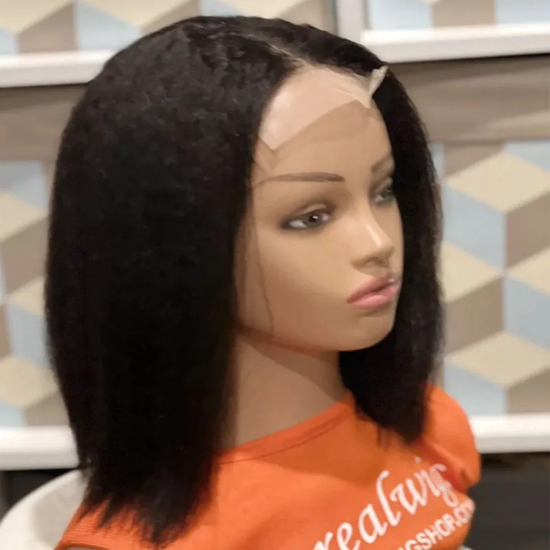 Kinky Straight Yaki Black 26Inch Long Lace Front Wig For Women With Baby Hair Synthetic Preplucked Glueless Daily Wear Wig