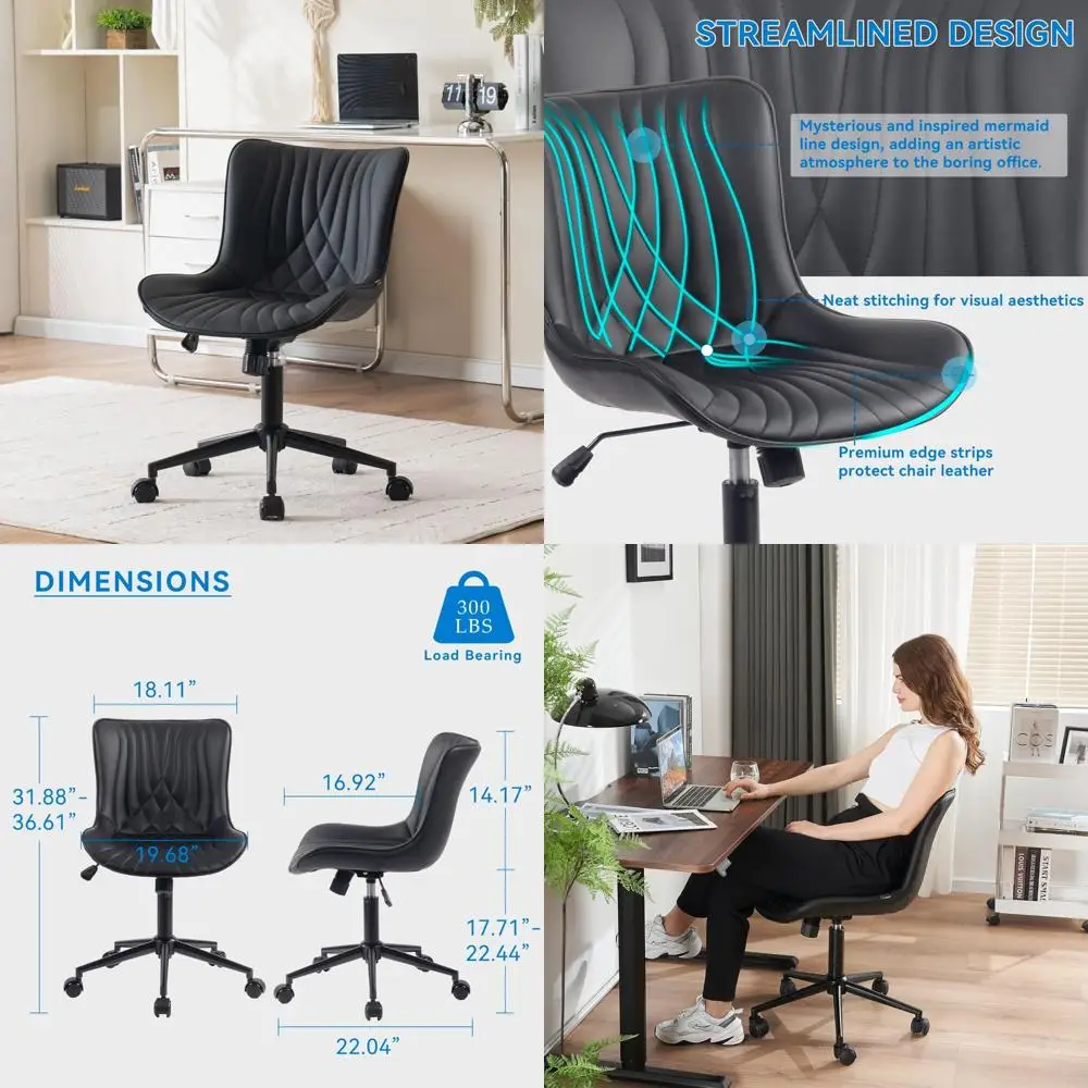 

Armless Office Chair with Wheels, Ergonomic Home Computer Desk Chair, Modern Faux Leather Padded Seat
