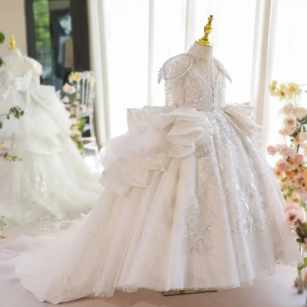 فستان فتاة بيضاء فاخر مطرز بالترتر دبي للأطفال الأميرة حفل زفاف وعيد ميلاد أول مناولة ثوب طويل 2025 J213