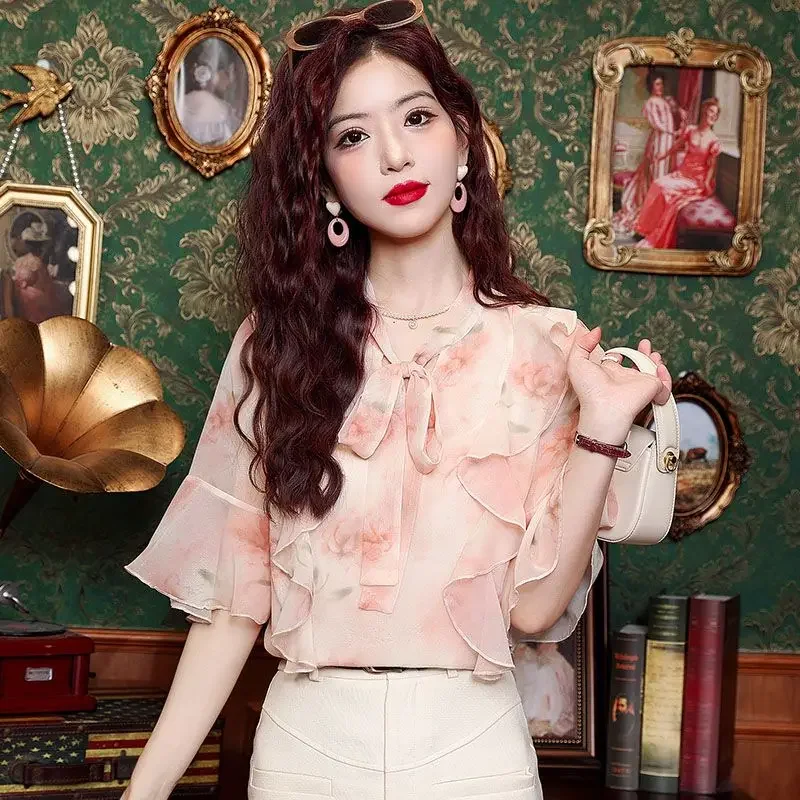 

French Bow Shirt Short-sleeved Women's Summer New Pink Beautiful Chiffon Ruffled Floral Top E8663