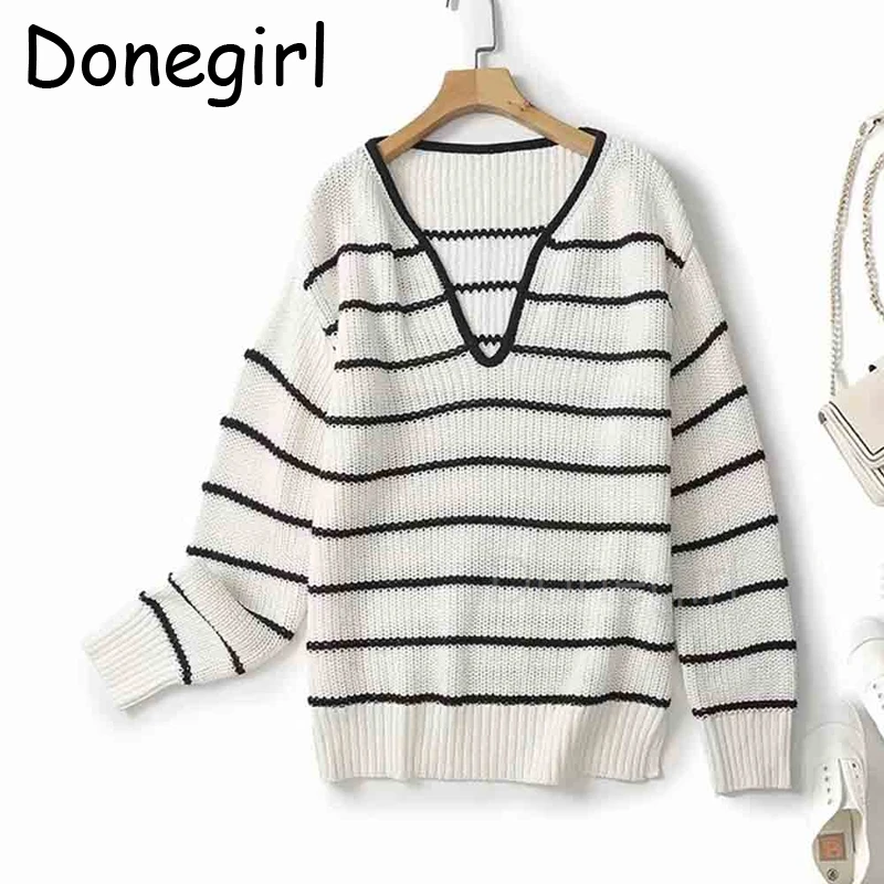 Donegirl Women 2024 Spring AutumnNew Fashion Striped Knitted Casual Pullover Chic V-Neck Loose Long Sleeve Sweater Mujer