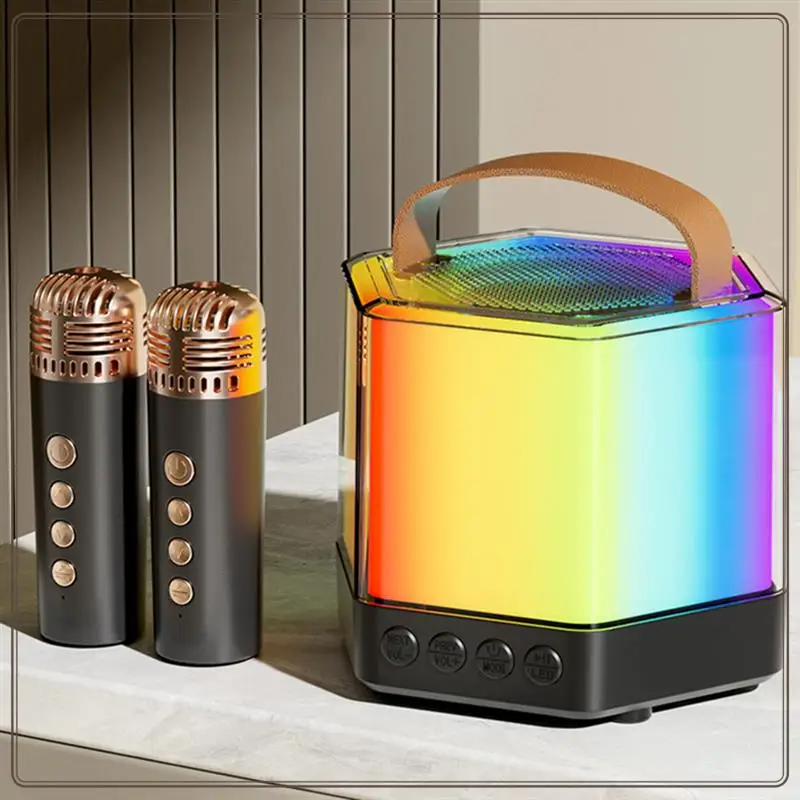 آلة الكاريوكي، مكبر صوت كاريوكي محمول مزود بتقنية البلوتوث مع أضواء مبهرة للبالغين والأطفال، ميكروفونات متينة باللون الأسود