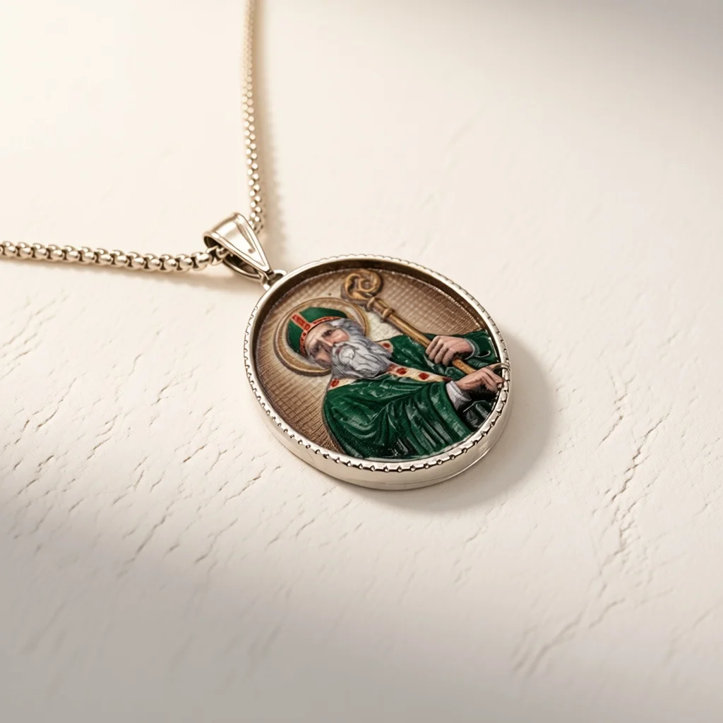 Saint Patrick Oval Embossed Medal Pendant Necklace Silver Box Chain Catholic Jewelry Gift For Irish Religious Believers