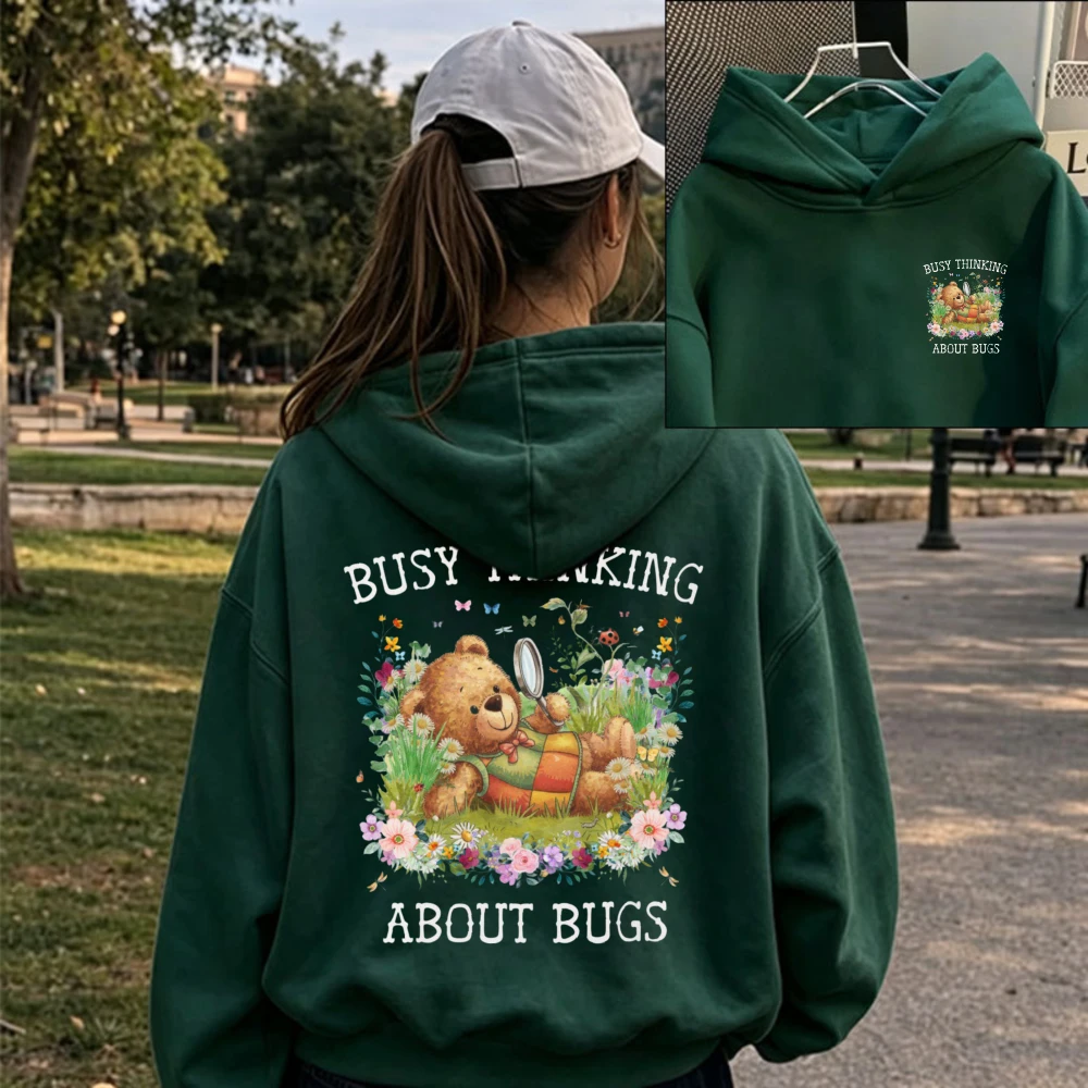 Autumn and Winter Hoody Busy Thinking about Bugs Cute Teddy Bear Floral Insect Two Sided Graphic Hoodie Women Oversized Pullover