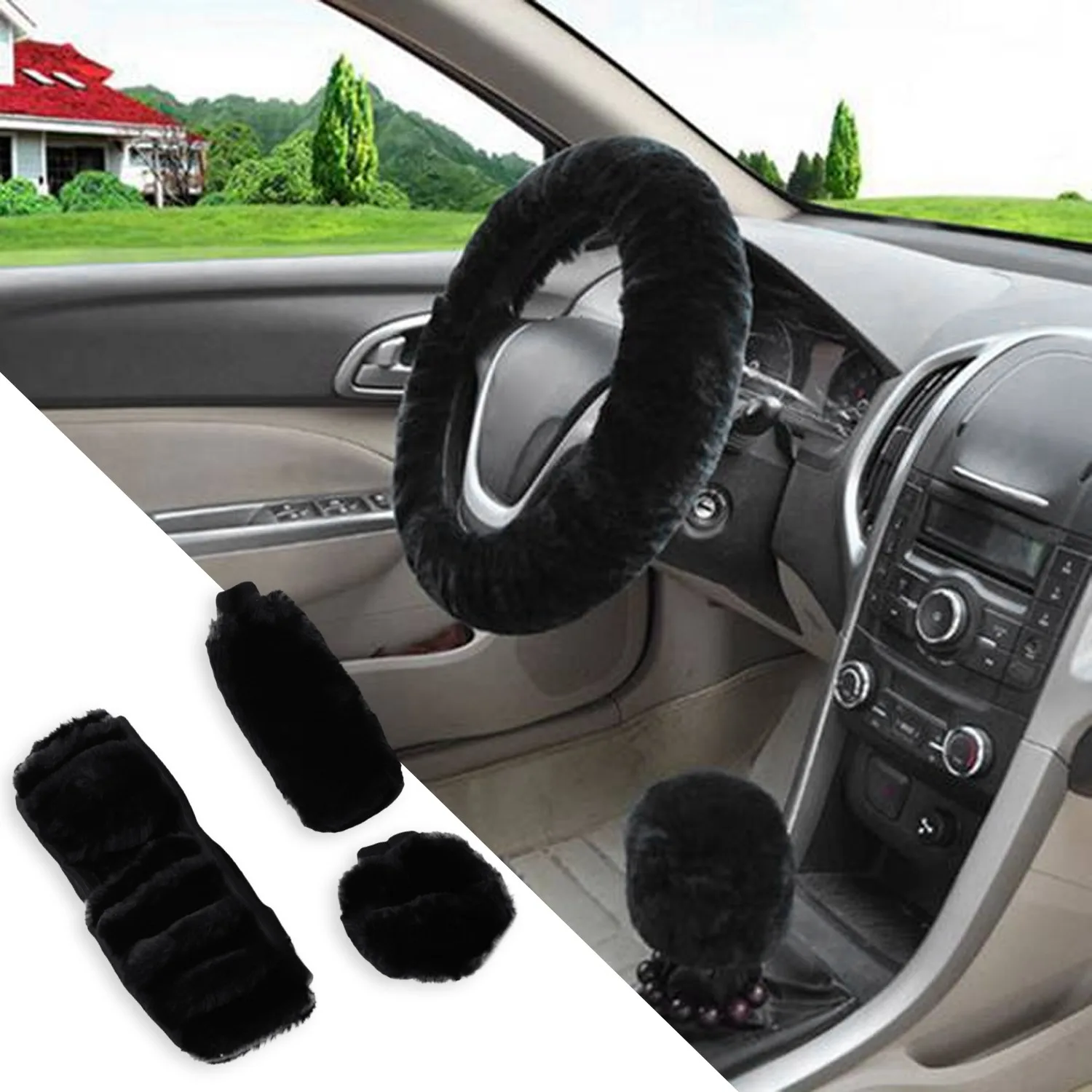 Car Steering Wheel Covers Faux Fur Hand Brake and Gear Cover(Black)