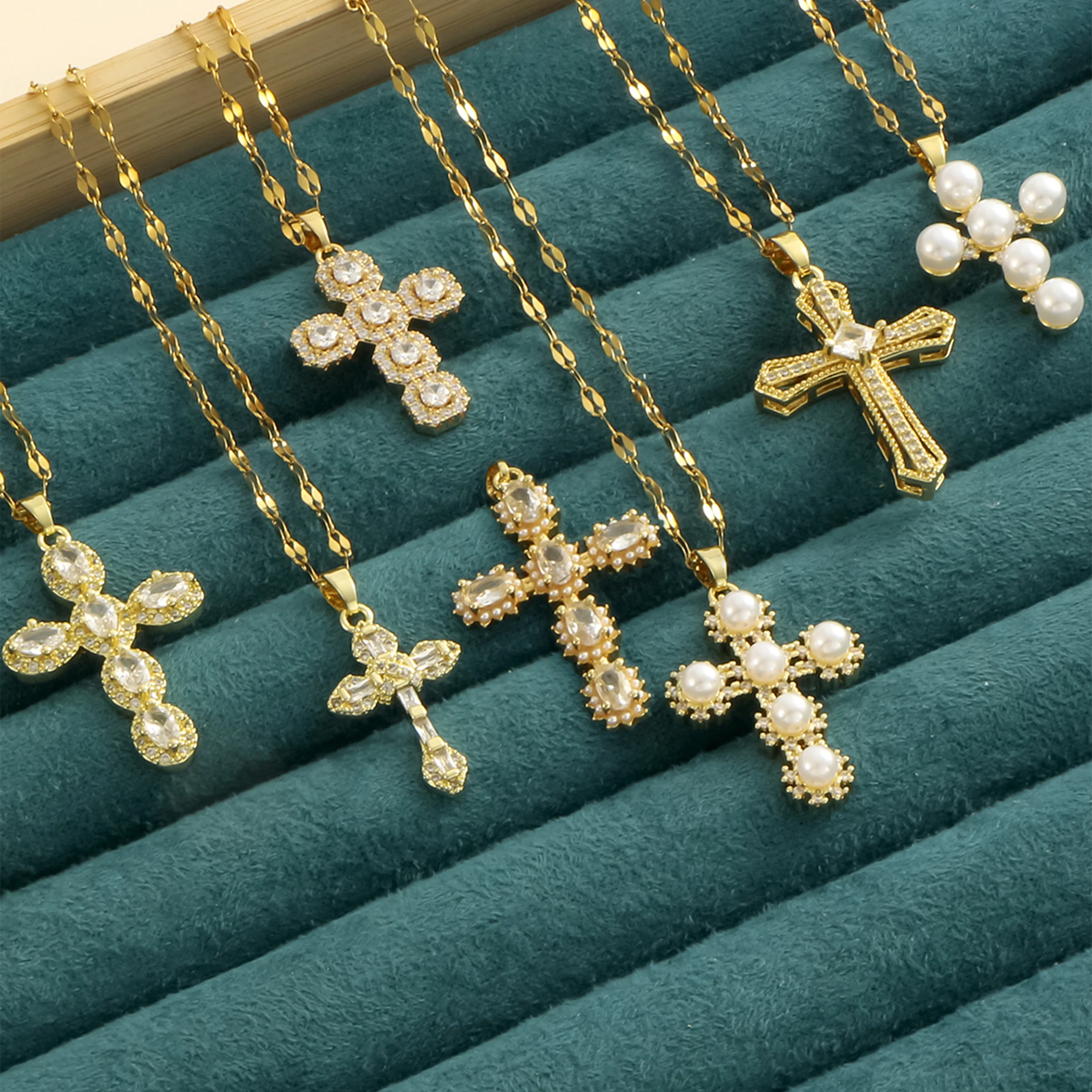 1 pearl shell inlaid zircon cross pendant for women's sexy style stainless steel plated 18k gold necklace