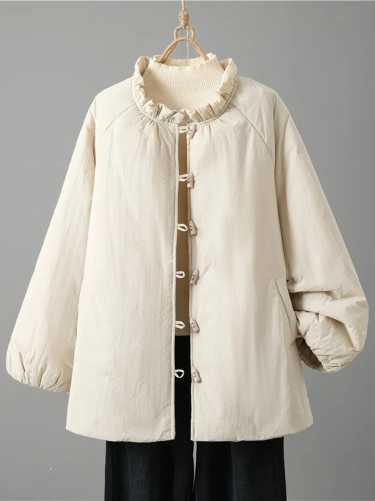 

Женское зимнее модное хлопковое пальто Ele Pure Color, теплое пальто на пуговицах с кружевным воротником, тонкая хлопковая внутренняя часть