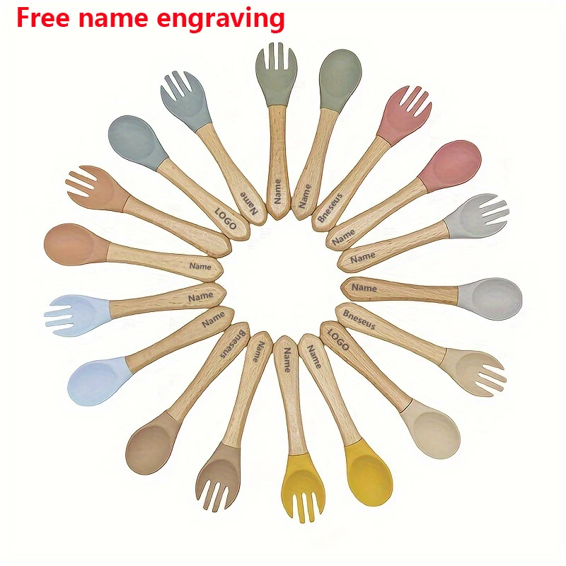 

Детская вилка и ложка с персонализированной печатью имени — устойчивый к выцветанию силиконовый материал с деревянной ручкой — практика Eatin