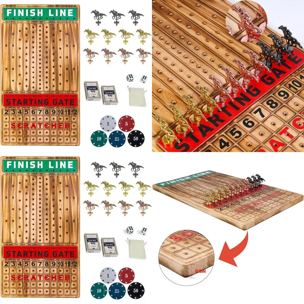 

Elegant 21 Horse Racing Game Set with 11 Metal Horses, Wooden Board, 2 Dice Sets, Card Decks, and 100 Poker Chips for Entertaini