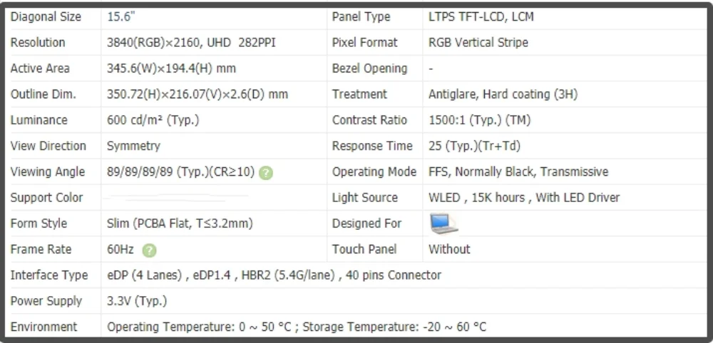 MNF601EA1-7 15.6 inch LCD Screen Laptop Display IPS Panel 4K UHD 3840x2160 60Hz Non-touch