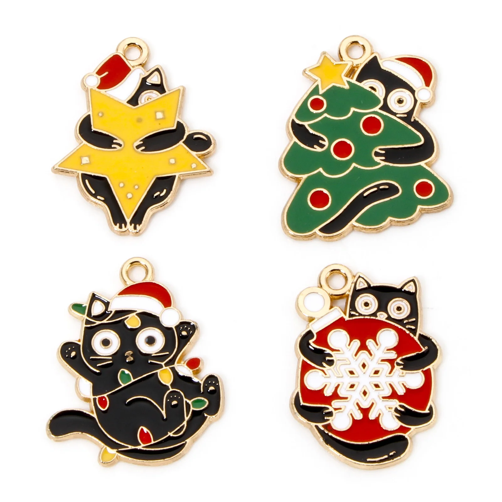 10 Piece Zinc Based Alloy Christmas Charms Gold Plated Multicolor Cat Animal Enamel Pendants For DIY Jewelry Making