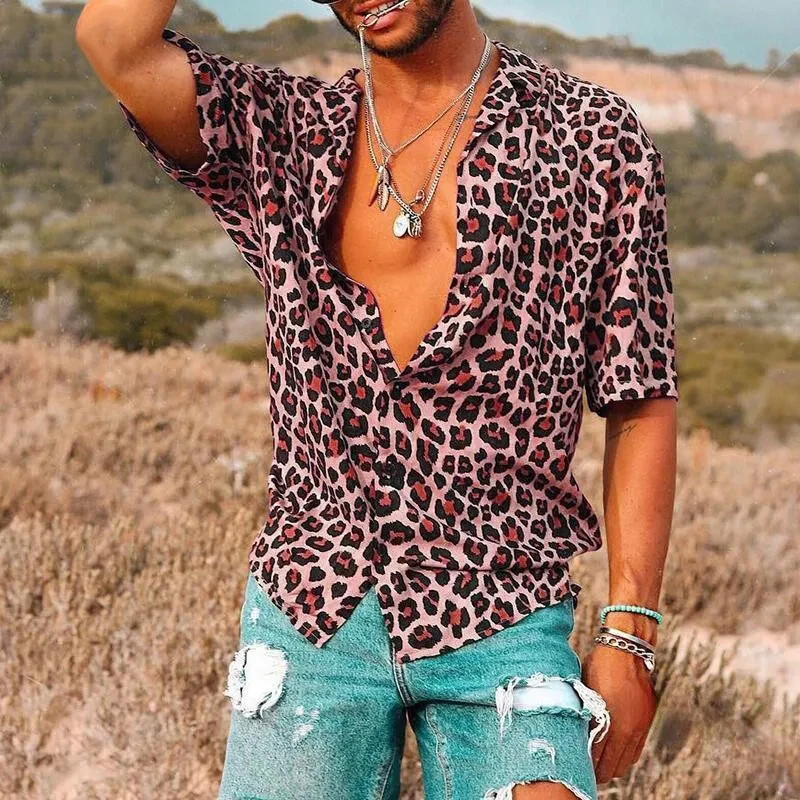 Summer Men's Leopard Print Shirt Fashion Trend Short Sleeve Casual Loose V-neck Button Top T-shirt Club Party Casual Top