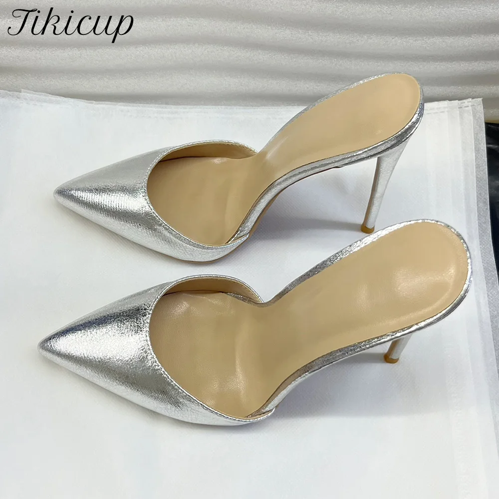 

Сексуальные шлепанцы на высоком каблуке 12 см/10 см, летние серебристые туфли-лодочки на шпильке с острым носком, женские вечерние модельные туфли, повседневные сандалии