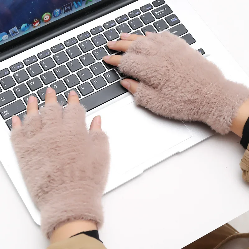 New Winter Imitation Mink Cashmere Half Finger Gloves Women Men Warm Luxury Solid Color Plush For Driving Outdoor Sports