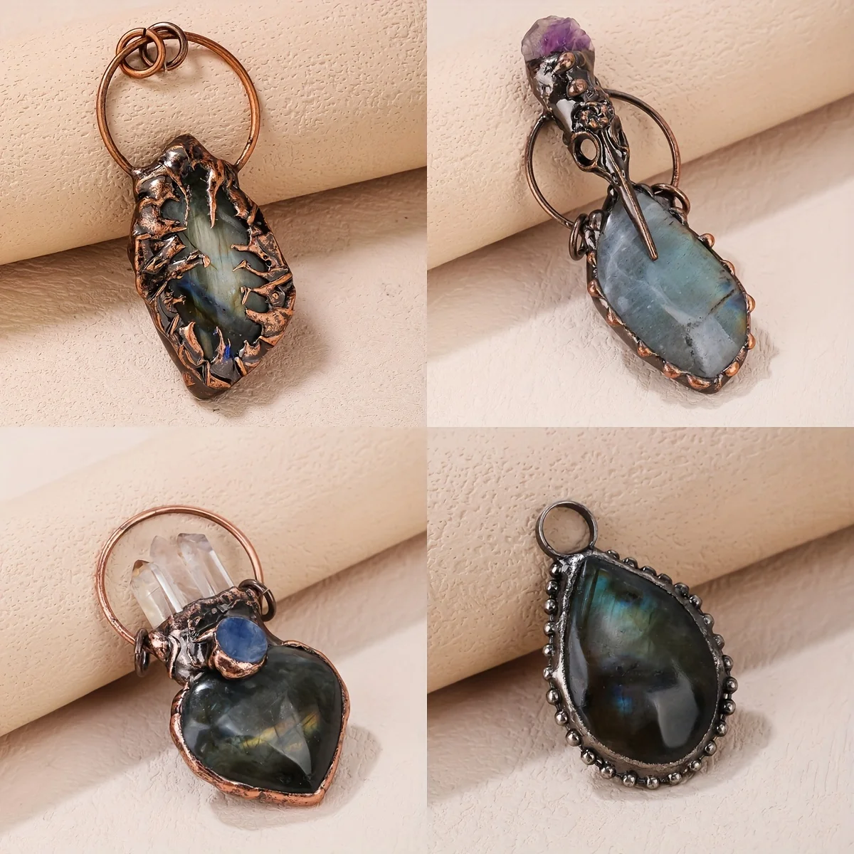 

YEEVAA 1pc Healing Crystal Labradorite Vintage Style Copper Pendant For DIY Jewelry Making Random Shape Halloween Decoration