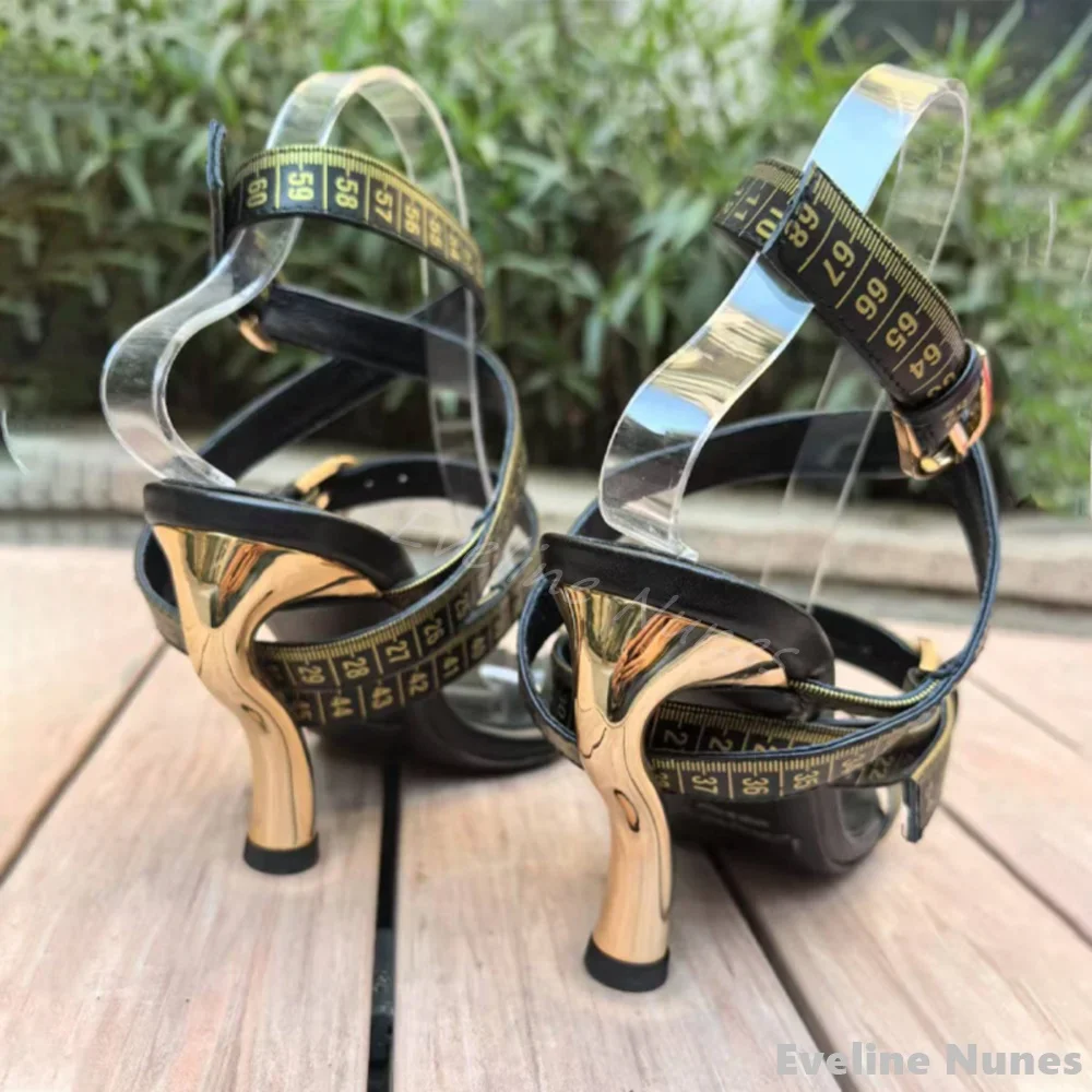 Retro Bronze Measure Tape Cross Strap Sandals Women Open Toe Strange Style Catwalk Sandals 2025 Summer Unique Design High Heels