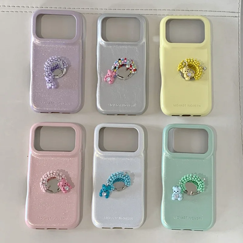 

Fashion Solid Color Leather Phone Case For iPhone 17 Pro 16 14 15 Pro Max Back Cover with Cute Bear Pearl Ring Stand Protective