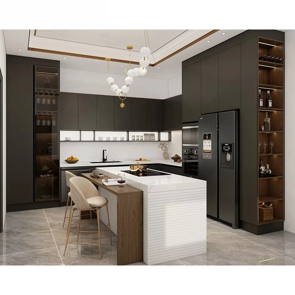 China Commercial Manufacturer Modern Melamine Wood Kitchen Cabinets with Artificial Marble Countertop Faucet Modular Design