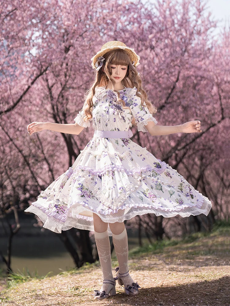 

Countryside Style Platycodon Print Large Swing Lolita Summer Dress Japanese Sweet Girl Student Short Sleeved Dress With Puji