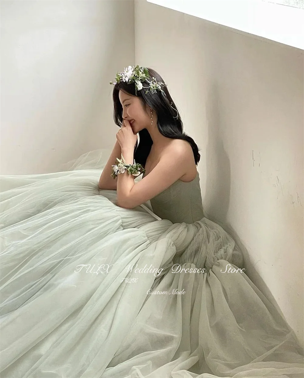 TULX Princesses Grey Green Wedding Korea A-Line Puffy Skirt Custom Made Floor Length Sweetheart Corset Back Bridal Gown Custom