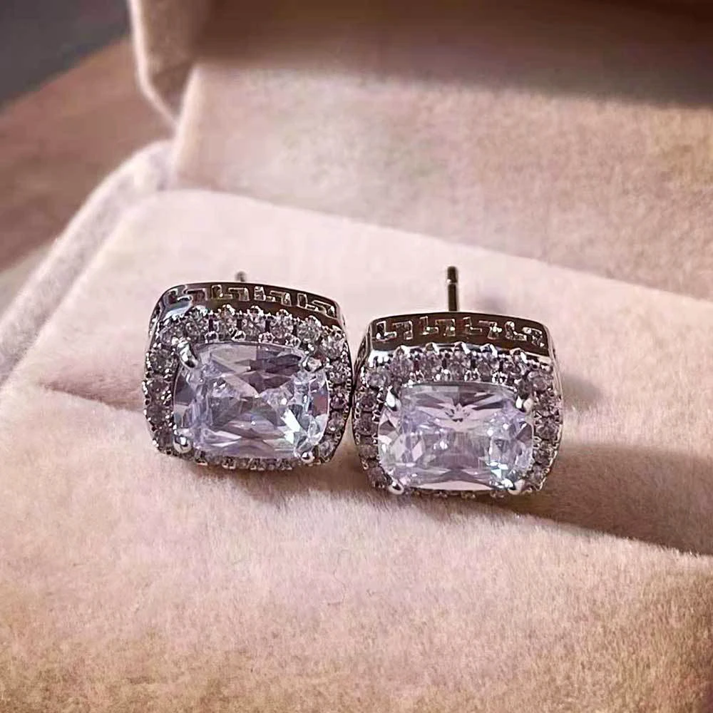 Hip Hop Big Cubic Zircon Square Earring Simple Cz White Bling Stud Earrings For Women Original Brand Iced Jewelry Drop Shipping