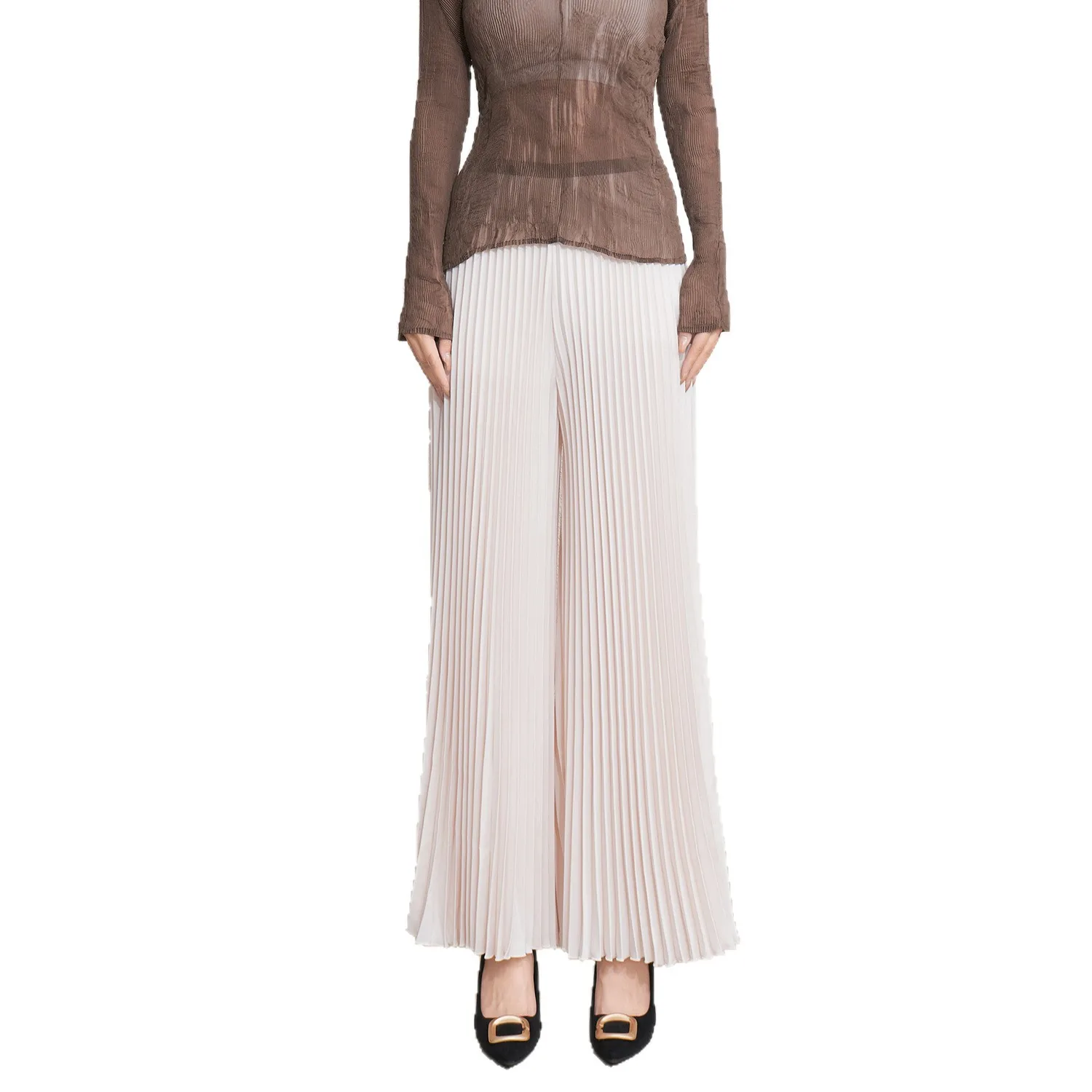 Miyake Pleated 2025 New Spring Fashionable Pleated Wide-legged Trousers Women Elastic High Waist Draping Long Casual Culottes