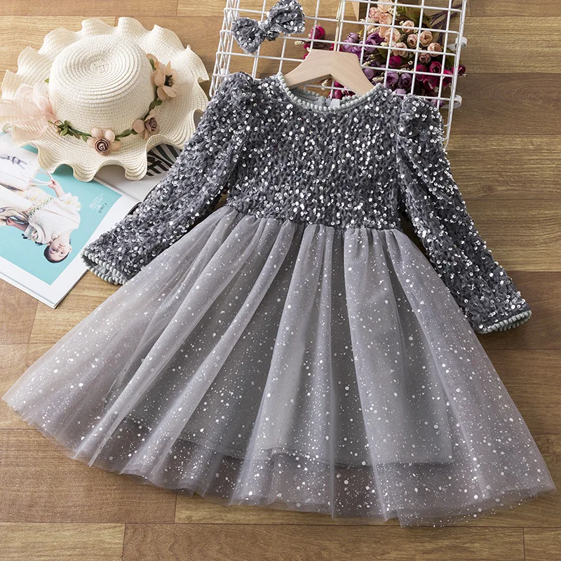 2024girls sequins dress autumn and winter clothing fashionable princess stitching tulle tutu skirt trendy