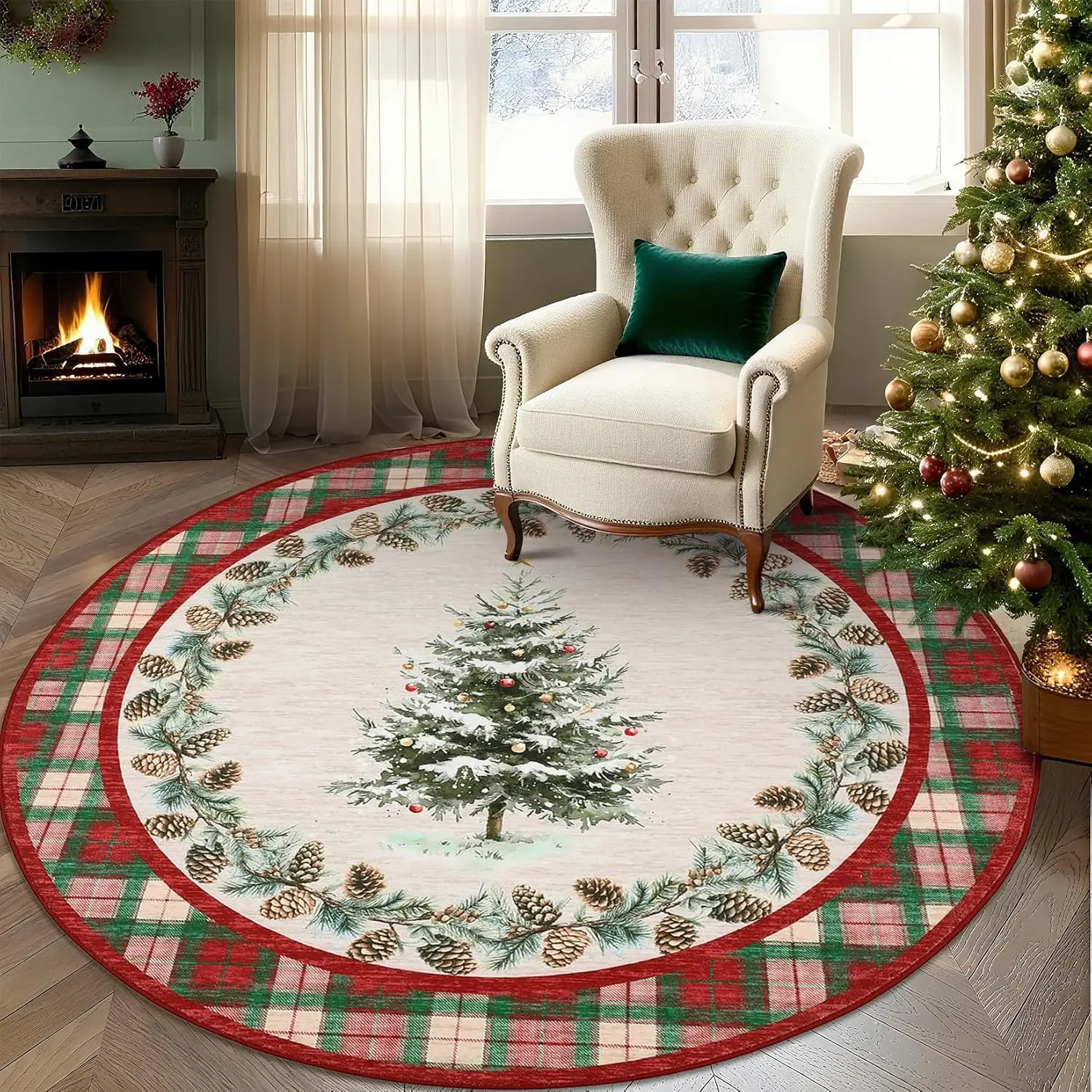 Red Green Tartan Christmas Circular Area Rug Watercolor Snow Pine Tree Pinecone Garland Round Mat Winter Holiday Floor Rug