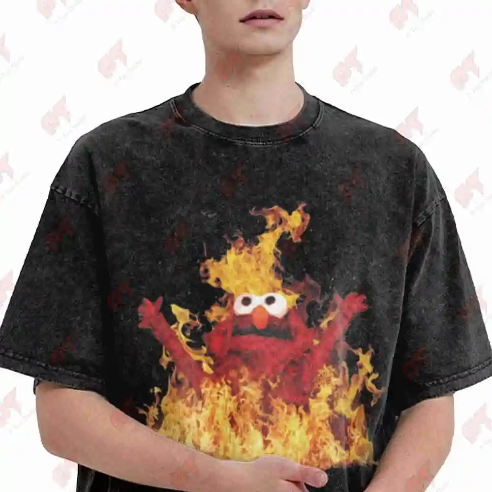 Hellmo Rise Meme Firey Elmo Viral Vintage Washed Tee Pure Cotton T-Shirt