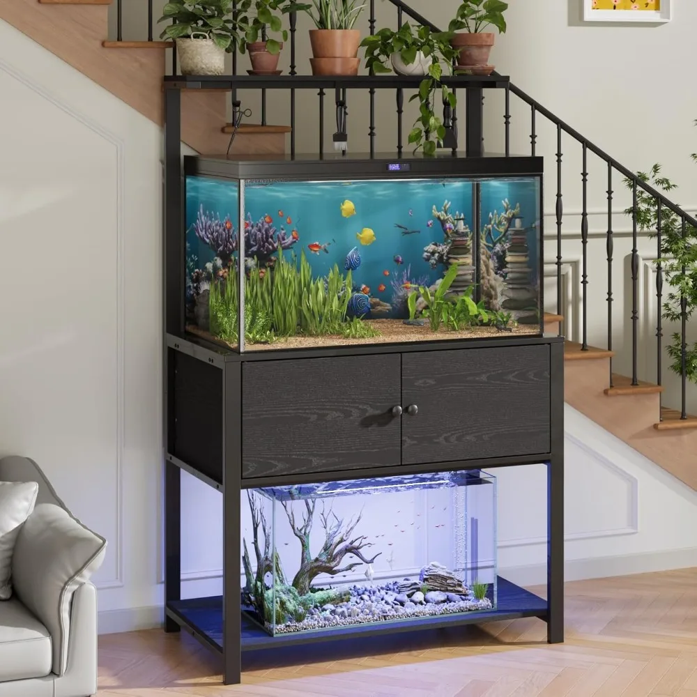 

40-50 Gallon Fish Tank Stand with LED Light Power Outlets,Heavy Duty Metal Aquarium Stand with Storage Shelf and Movea