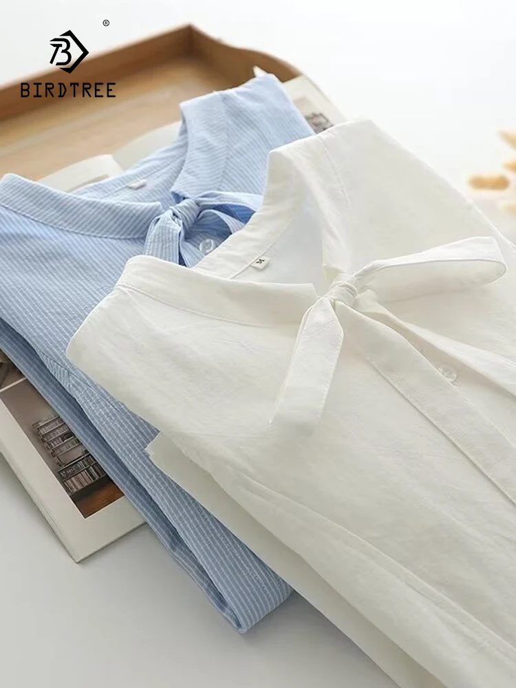 

New 2026 Summer Women Cotton Short Sleeve Shirt, O Neck Ruffles Lace-up, Mori Girl French Preppy Style Loose Blouse T65828CC