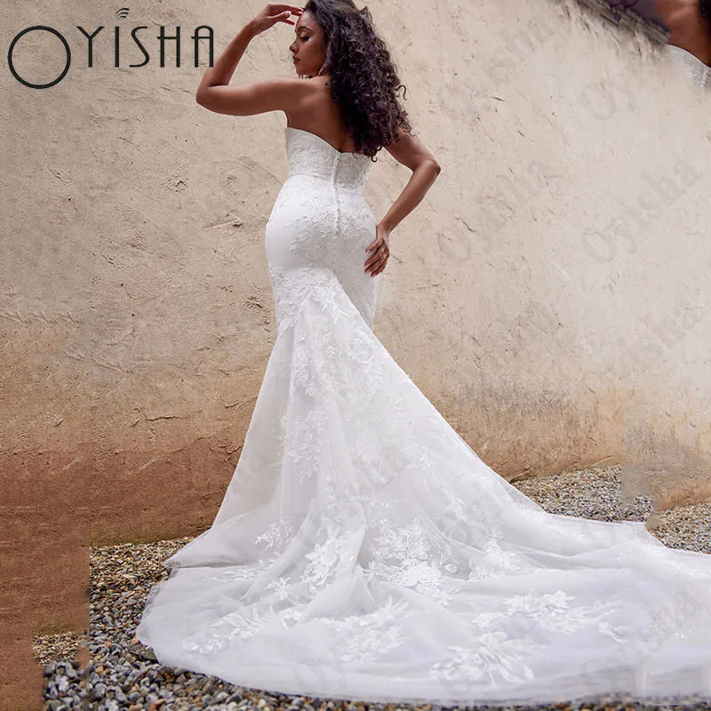 Oyisha Moda Querida Sereia Robe Mariée Sereia Lace Apliques Nupcial Festa Sem Mangas Aberto De Volta Vestido De Casamento Custom Made Vestido de noiva com mangas abertas, sem mangas, com apliques de renda, estilo "Swee