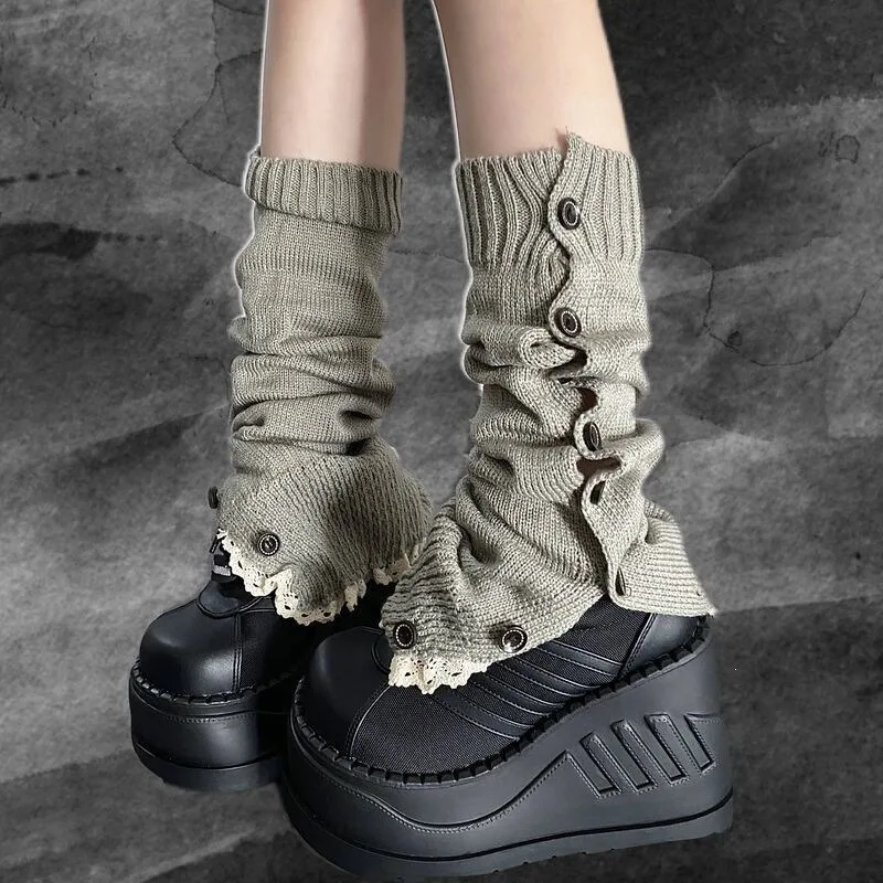 Y2K Punk Asymmetric Side-Button Knit Leg Warmers with Lace Ruffle Hem, Slouch, Stacked Calf Sock Covers Alt Harajuku Boot Cuffs