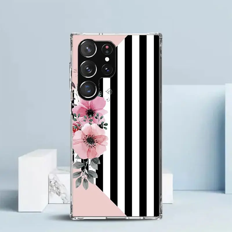 Black White Stripes Flower Phone Case For Samsung Galaxy S22 S23 S24 Ultra S21 S20 FE S10 Plus S10E S9 S8 + S7 Edge Soft TPU Bac