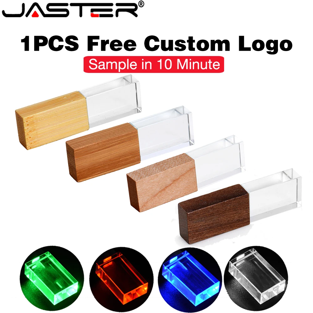 Blue LED USB Flash Drive 128GB Free Custom Logo Pen Drive 64GB Crystal Wooden Memroy Stick Creative Business Gift Pendrive 32GB