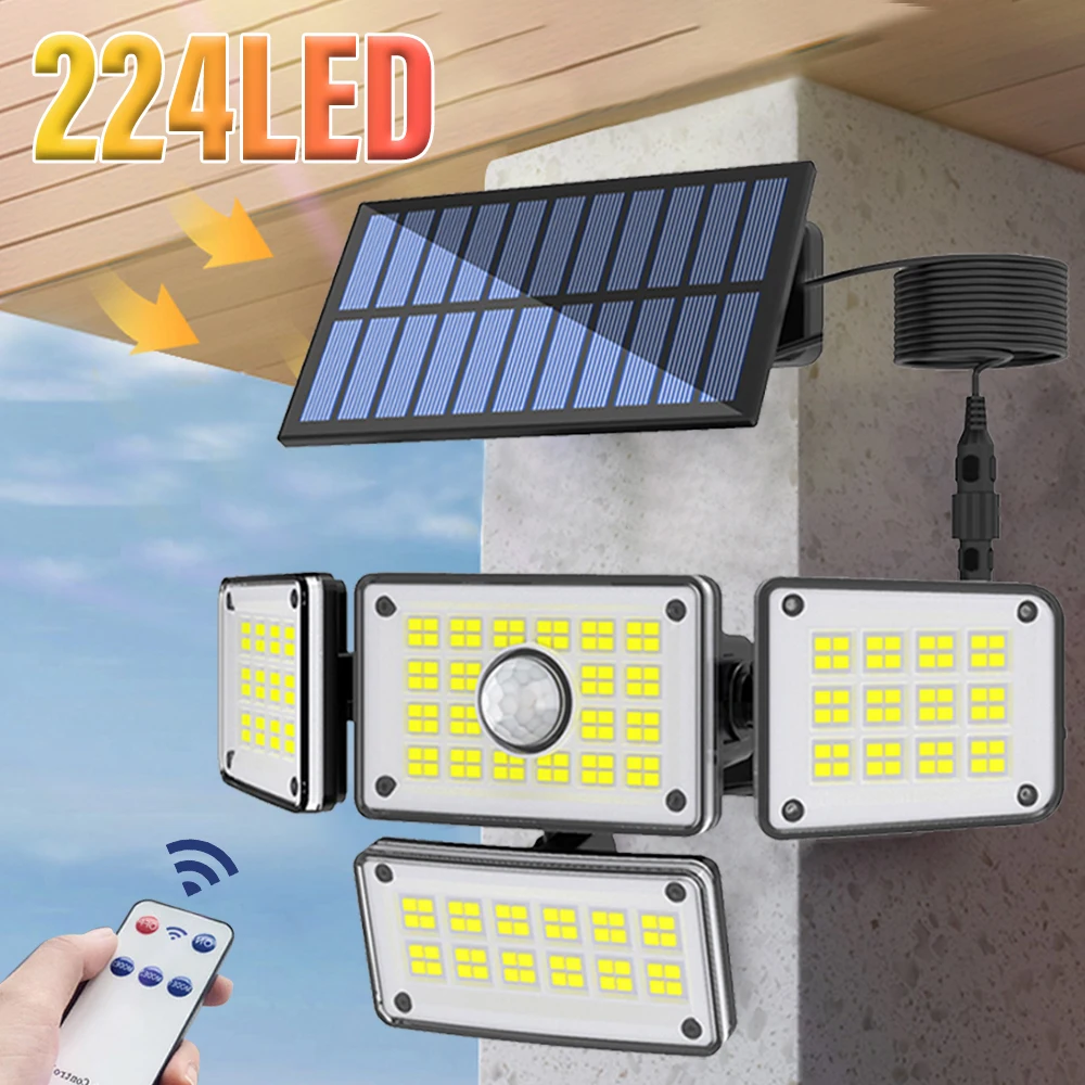 

283LED Solar Outdoor Light with Motion Sensor Floodlight with Remote Control and 5m Extension Cord IP65 3 Modes for Patio Garage