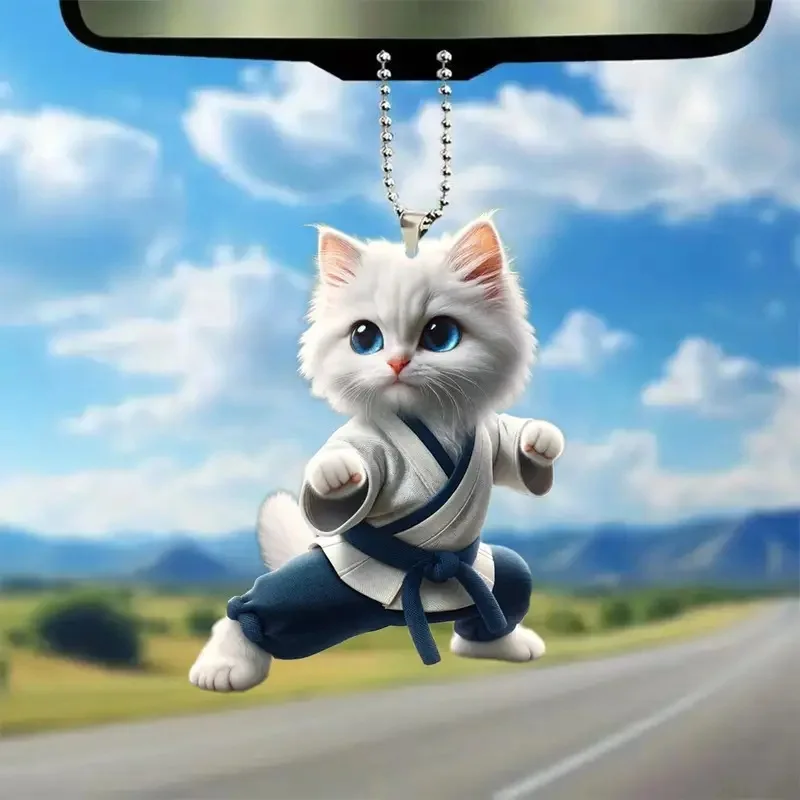 New 2D Plane Acrylic Car Pendant Cartoon Kung Fu Kitten Car Decoration Creative Car Rear View Mirror Pendant Car Supplies