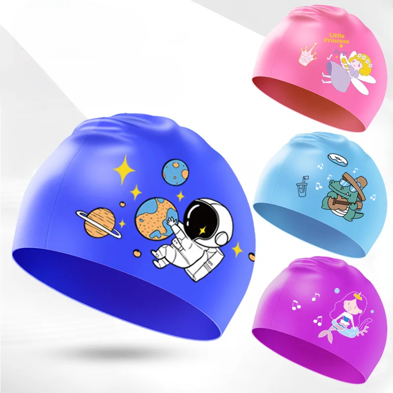 

Силиконовые шапочки для плавания для мальчиков и девочек, милые Мультяшные шапочки для плавания с принтом, аксессуары для бассейна с защитой ушей и длинными волосами, детская шапочка для плавания