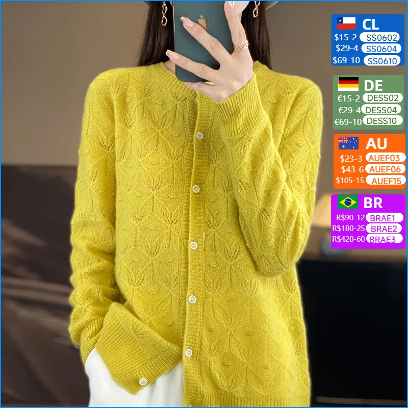 

Женский кардиган из 100% мериносовой шерсти, свитер с круглым вырезом, весна-осень, ажурный жаккардовый трикотаж, нижняя одежда с длинными рукавами, топы