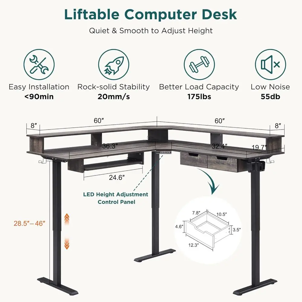 60 L-Shaped Electric Adjustable Desk with Keyboard Tray, Power Outlets, LED Lights, Monitor Shelf - Rustic Oak