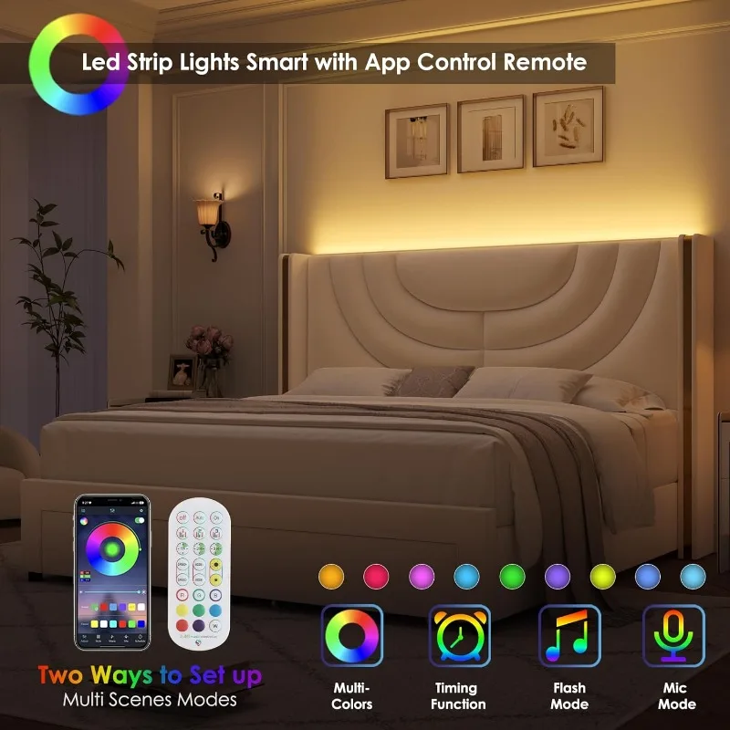 Marco de cama LED tapizado Queen con 2 cajones de almacenamiento, cama de plataforma de terciopelo con cabecero Wingback