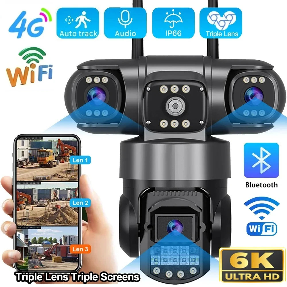 

3 Lens 4G/Wifi Surveillance Cameras Outdoor Waterproof Wireless CCTV Motion Detect Alarm Night Vision Monitor PTZ IP Camera 360
