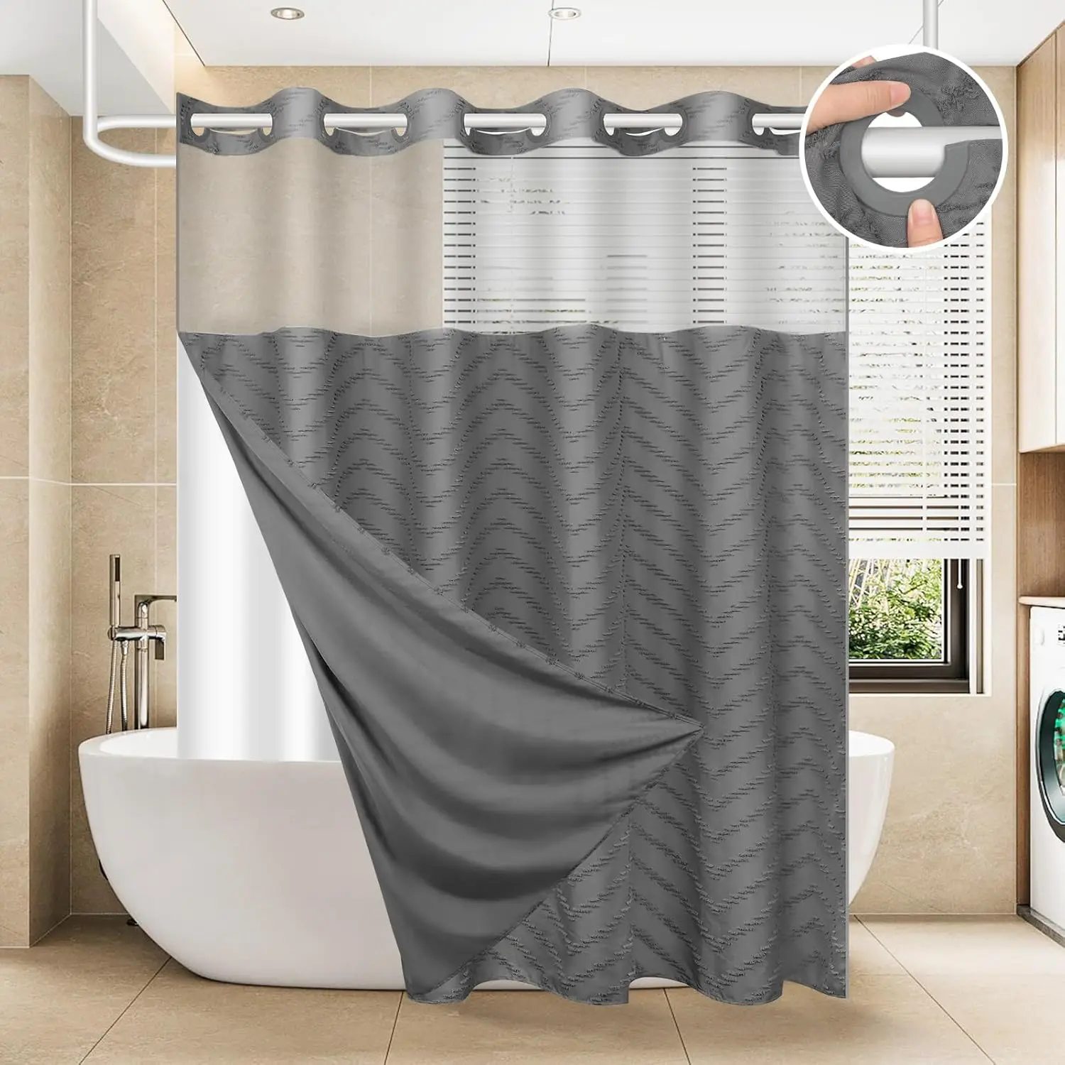 

No Hook Shower Curtain and Snap in Liner Set Grey Tufted Chevron Striped Cloth Waterproof Washable Fabric Boho Gray Bath Curtain