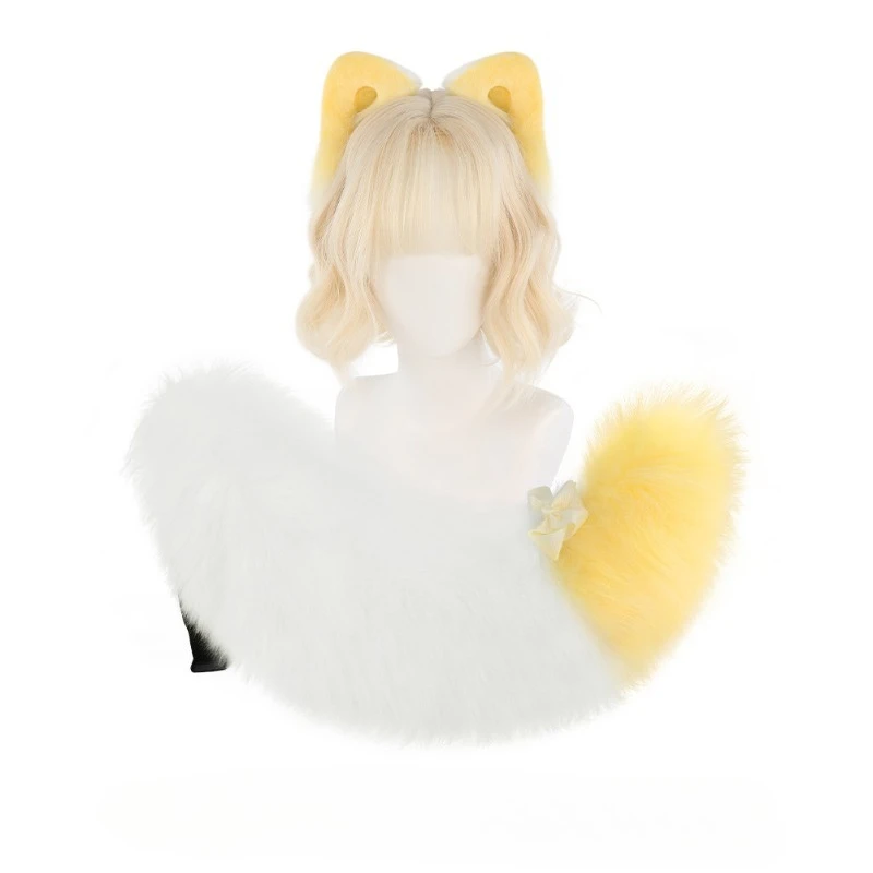 Gradient Tip Fox Ears Headband & Plush Tail Set Adjustable Belt Kawaii Furry Cosplay Halloween Lolita Costume Kit