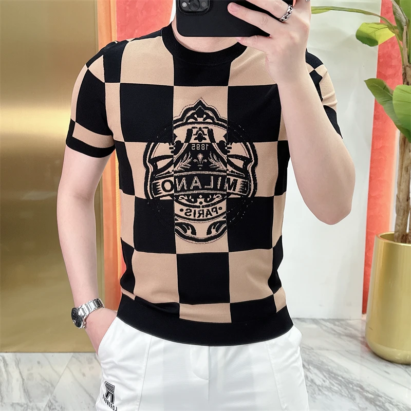 2023 High Quality Plaid Knitted T-shirt Short Sleeve Slim Fit Casual Tshirts Ice Silk Breathable Business Social Crew Neck Tees