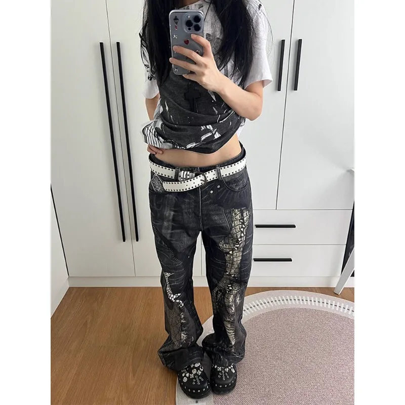 

Y2K 2000S Women's Jeans Harajuku Grunge Print Black Wide Leg Denim Pants Gyaru Vintage Streetwear Gothic Punk Baggy Trousers New