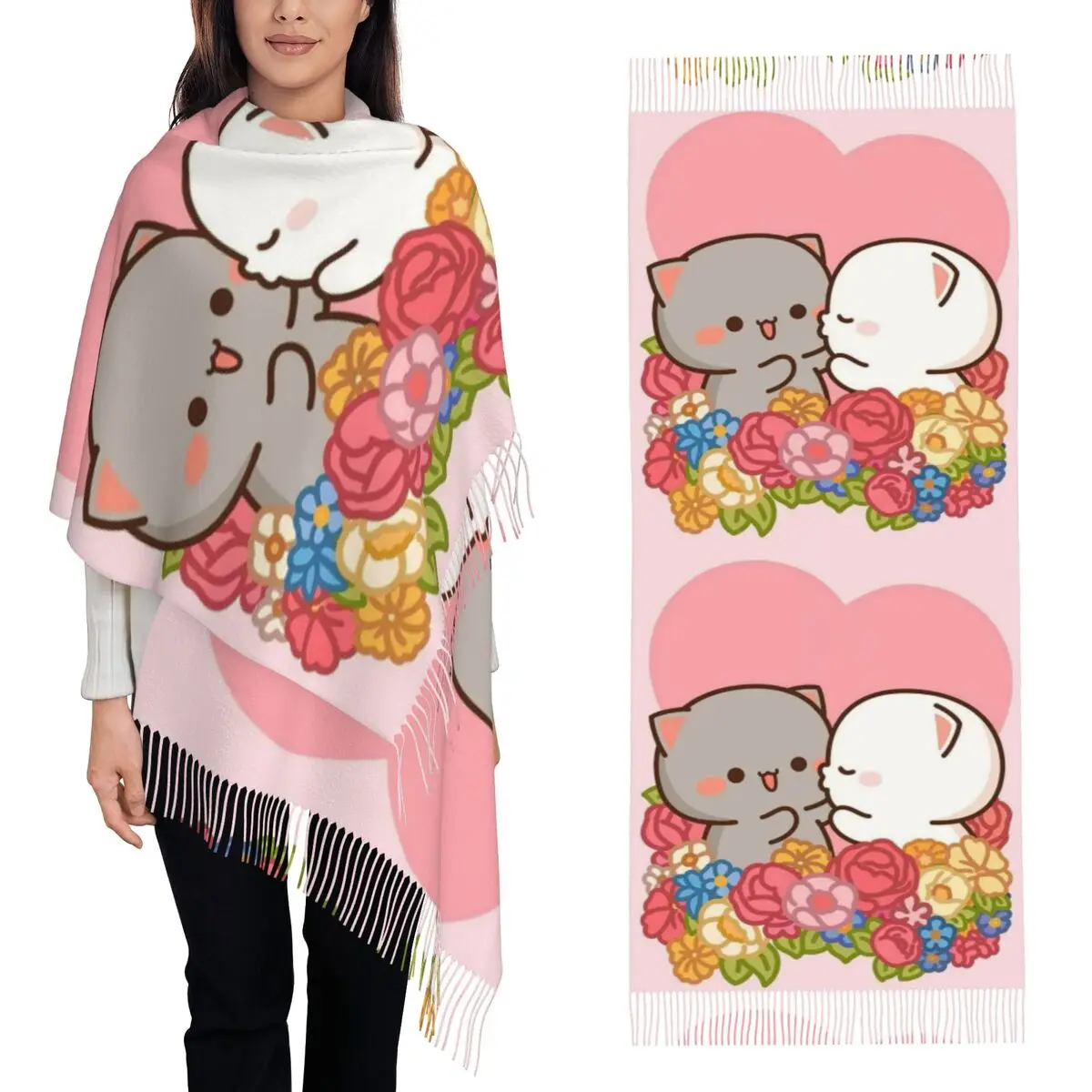 

Мультяшная пара Персик и Гома Моти Кот Шарф Шарфы с кисточками Женские мягкие теплые шали и накидки Длинная осенне-зимняя шаль