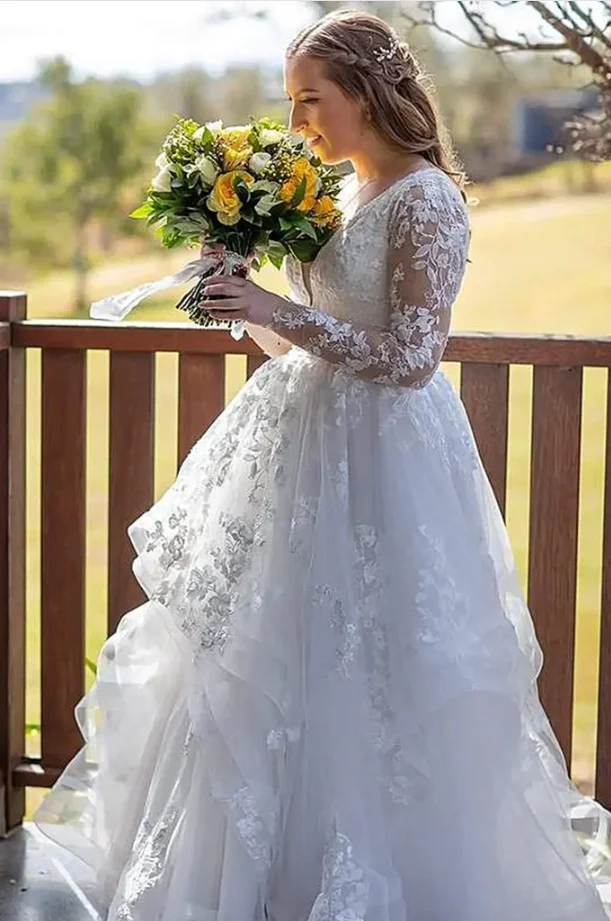 Deep V Neck Long Illusion Sleeve Wedding Dress Lace Appliques Tiered Ruffle Tulle A Line Bridal Gown For Bride De Novia Customiz